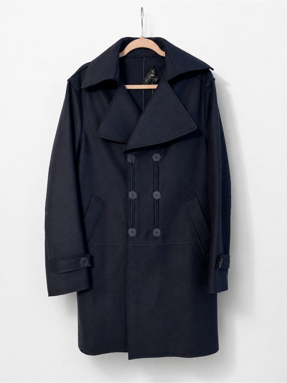 Kenneth Cole Mens Wool Blend Double Breasted Peacoat Navy Blue Large NWT - Picture 2 of 7